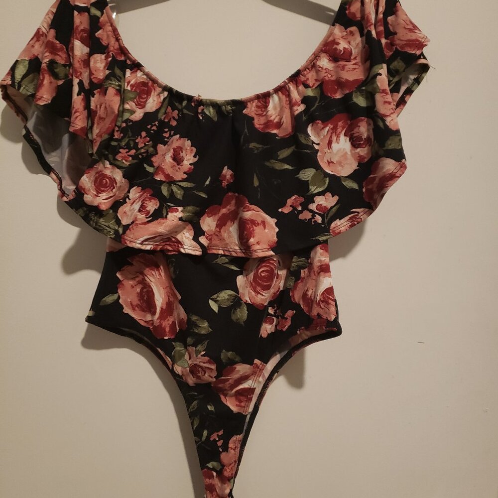 Black Pink Flower Bodysuit with Ruffles! Medium.